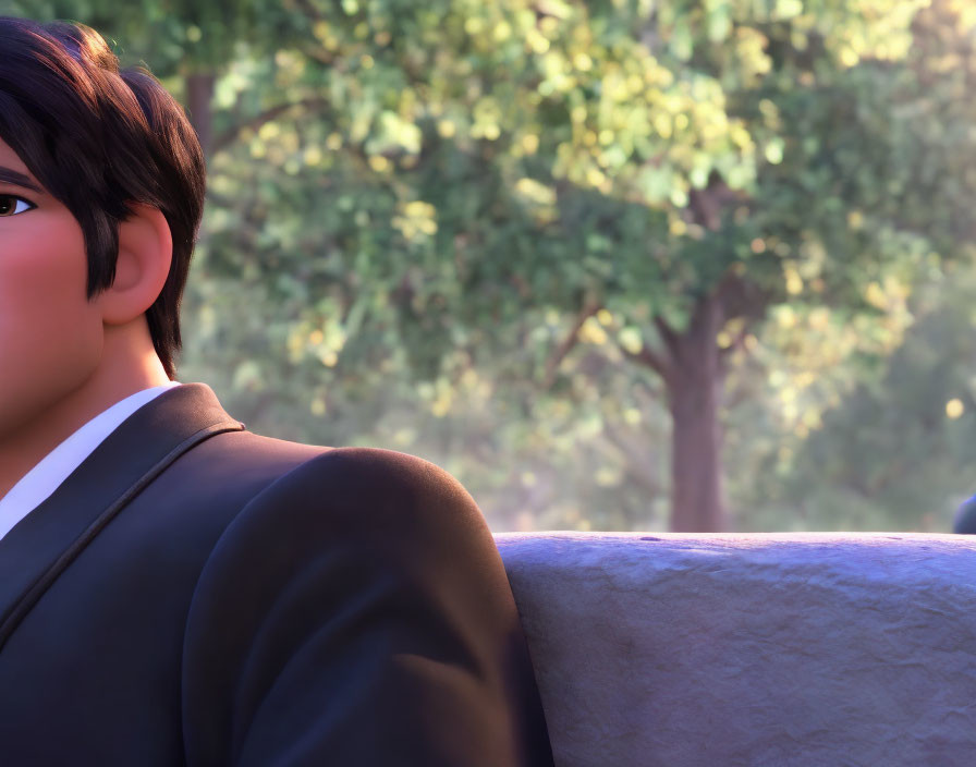 Animated Character in Suit Gazing at Sunlit Leafy Backdrop