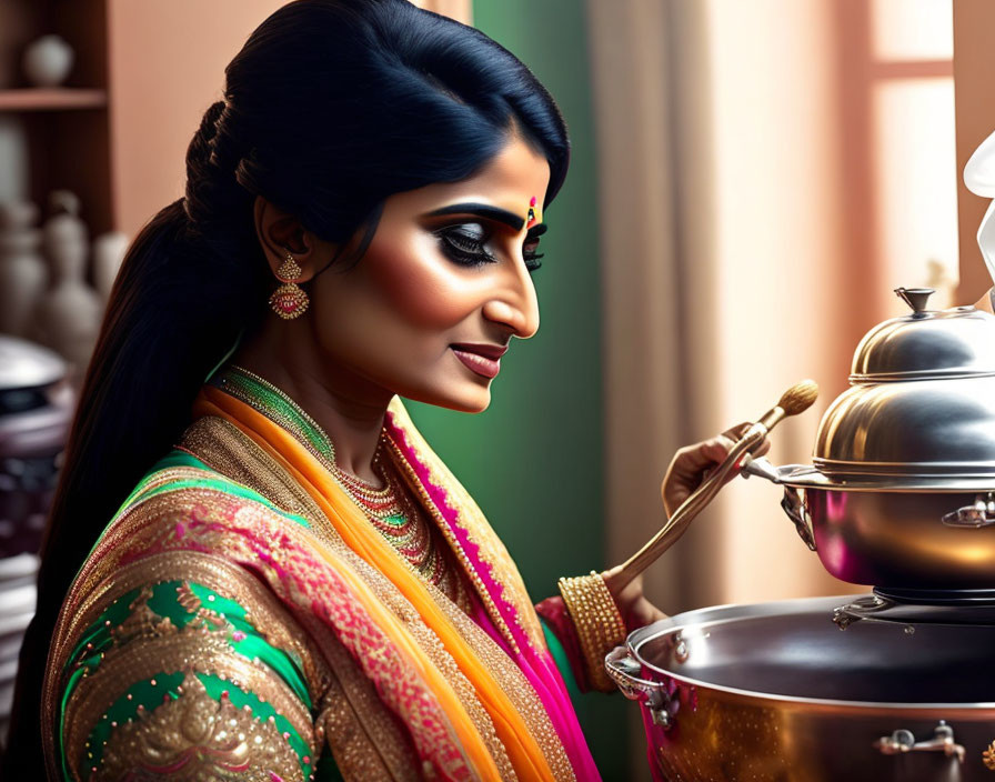 Traditional Indian Woman Cooking in Kitchen with Elaborate Attire