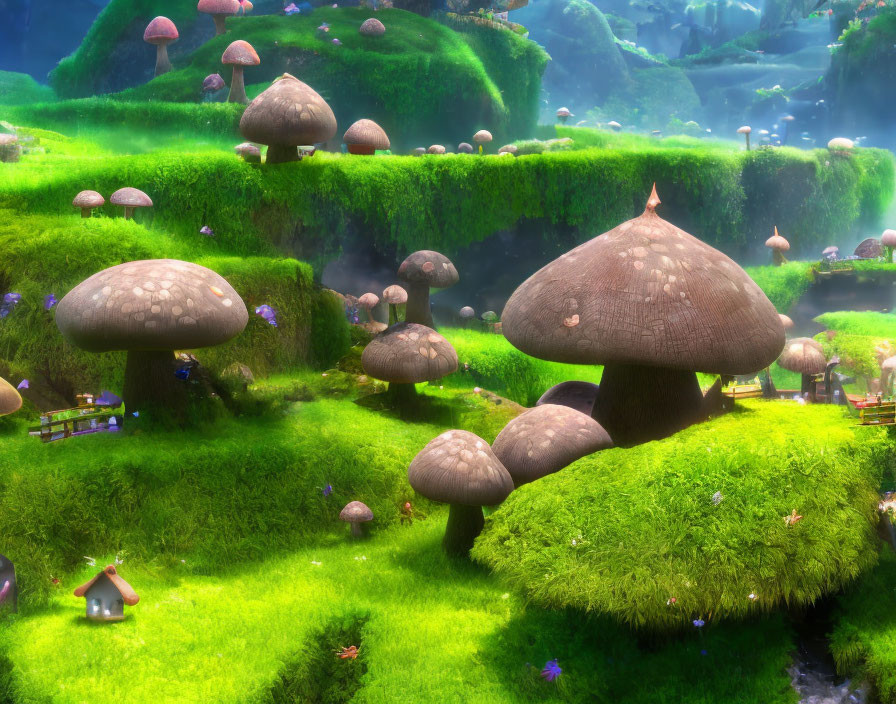 Colorful whimsical landscape with oversized mushroom-like structures and small houses.