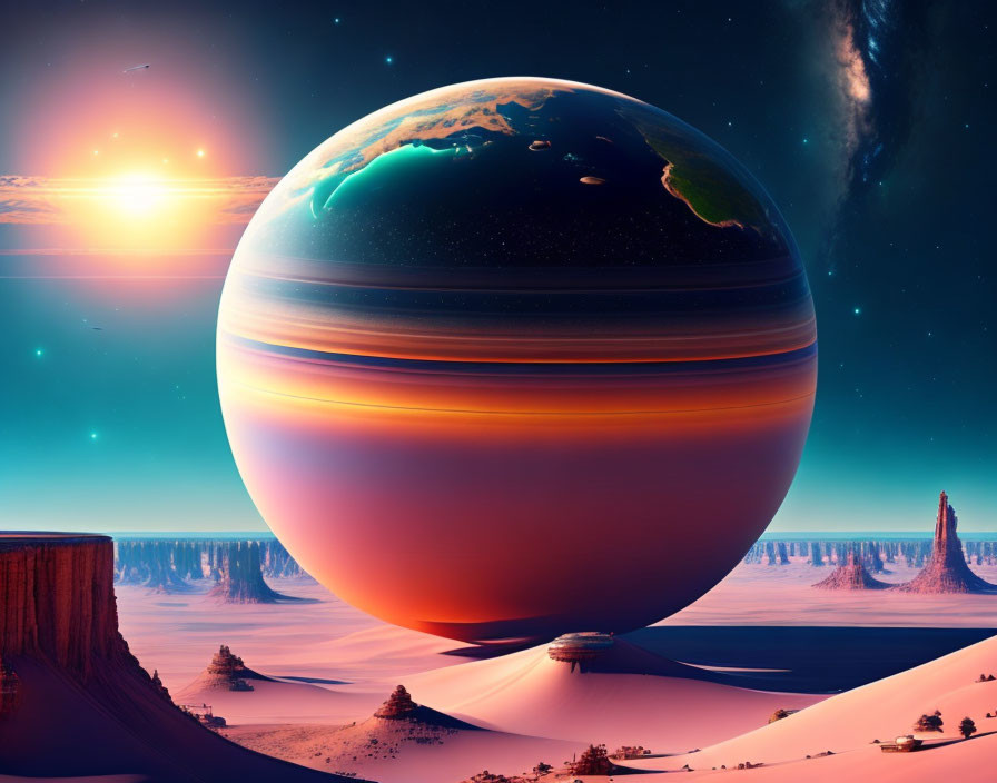 Majestic desert landscape with towering cliffs and giant ringed planet at sunset