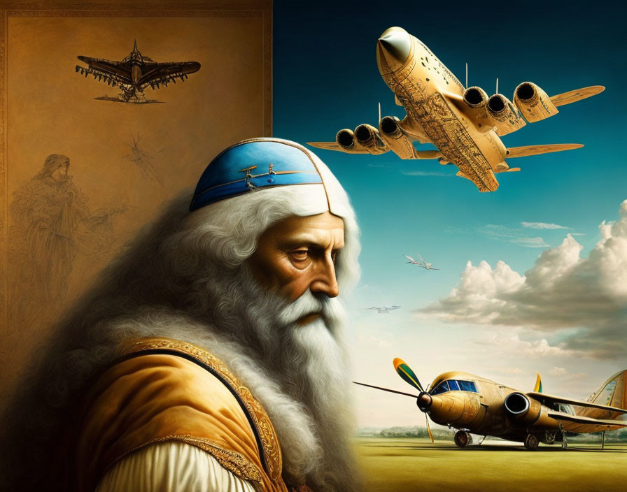 Portrait of Leonardo da Vinci with historic and modern aircraft in artistic montage
