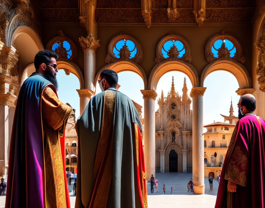 Four Individuals in Ceremonial Robes Overlooking Intricate Courtyard and Church Facade