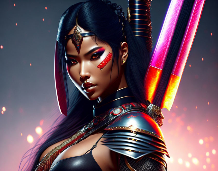 Futuristic female warrior illustration with neon swords and red-accented armor