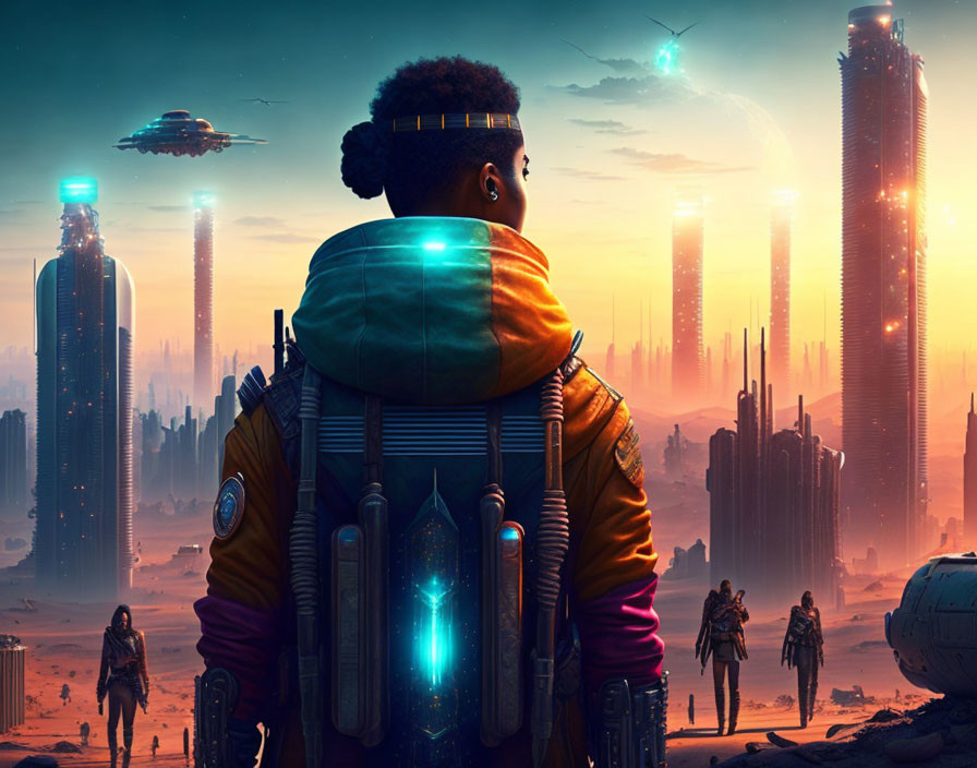 Backpack-wearing person looks at futuristic city with skyscrapers and flying vehicles