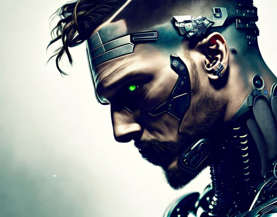 Detailed Close-Up of Male Cyborg with Green Glowing Eye