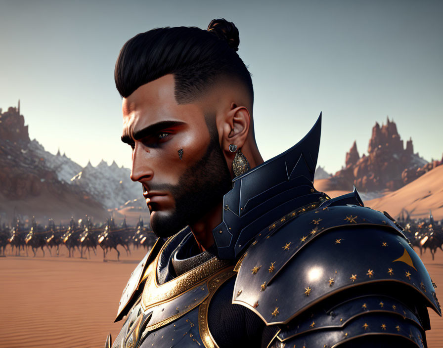 Warrior in ornate armor gazes in desert with mountains and distant army