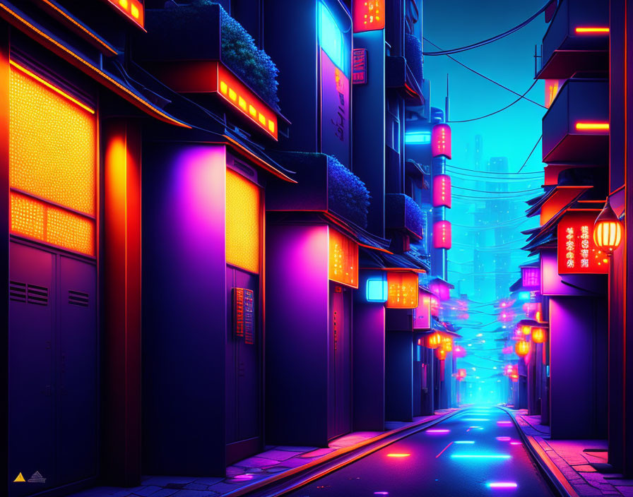 Vibrant blue and purple neon-lit alley at night