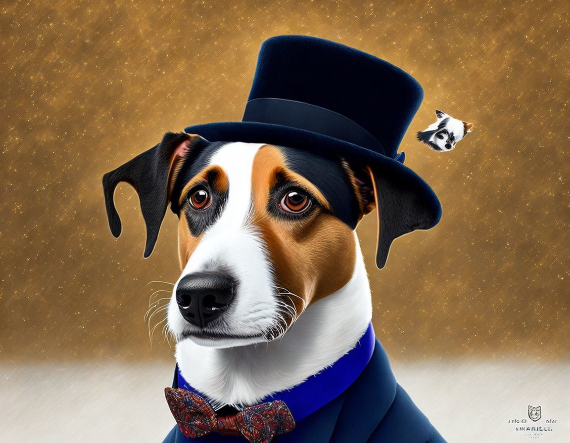 Sophisticated Dog Digital Illustration with Cat Companion
