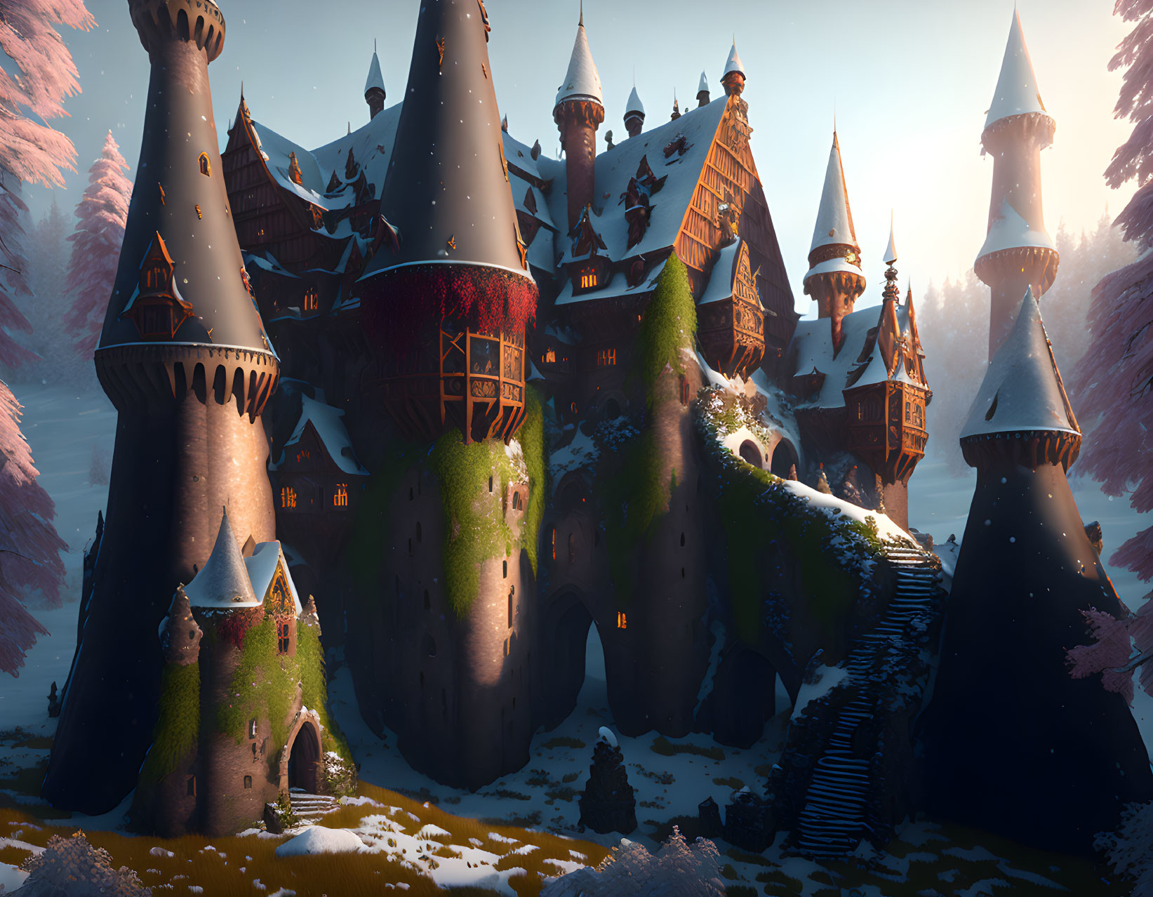 Fantasy castle with towers on snowy hill at sunset