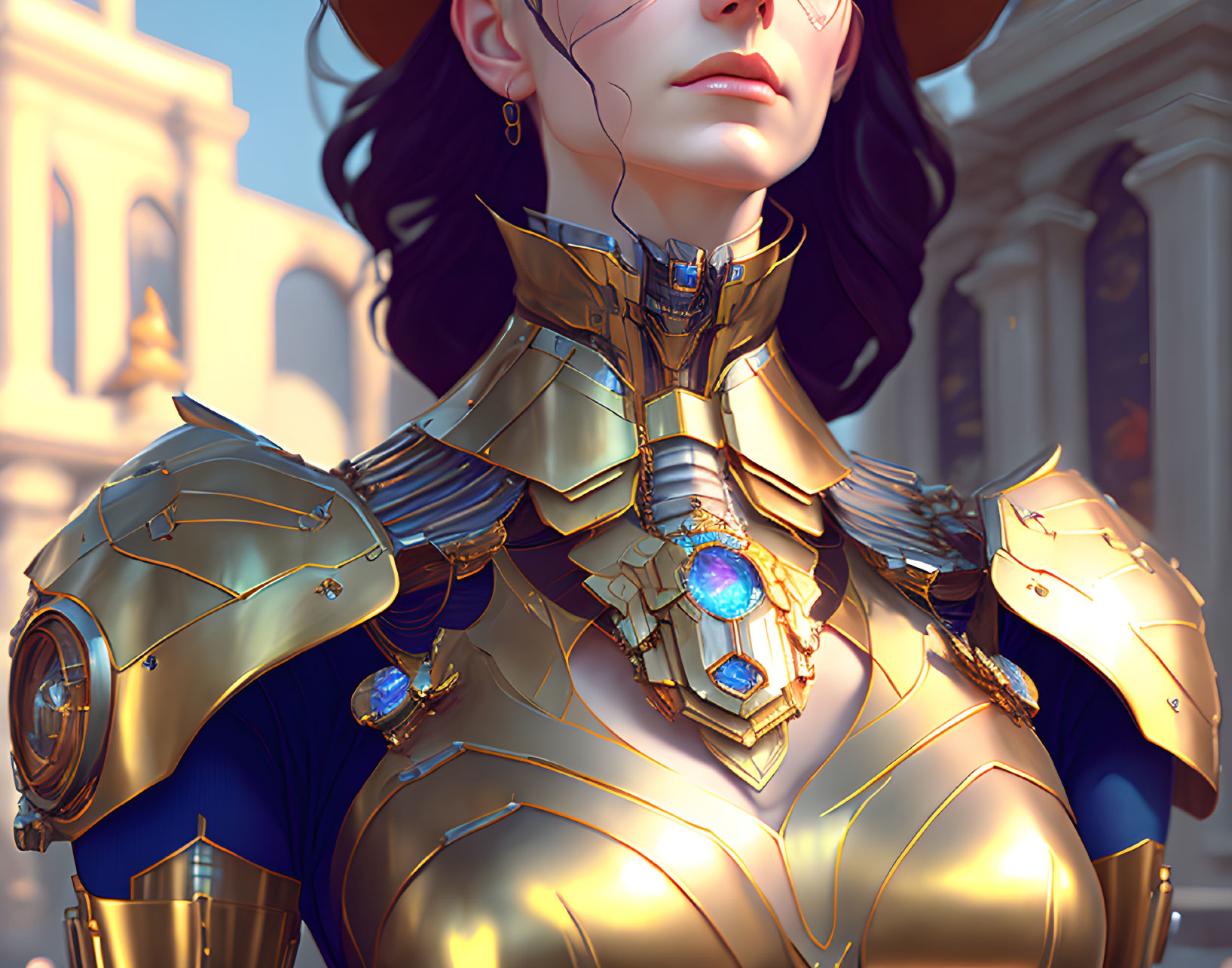 Illustration: Woman in Golden Armor with Blue Gem Accents in Classical Architecture Setting