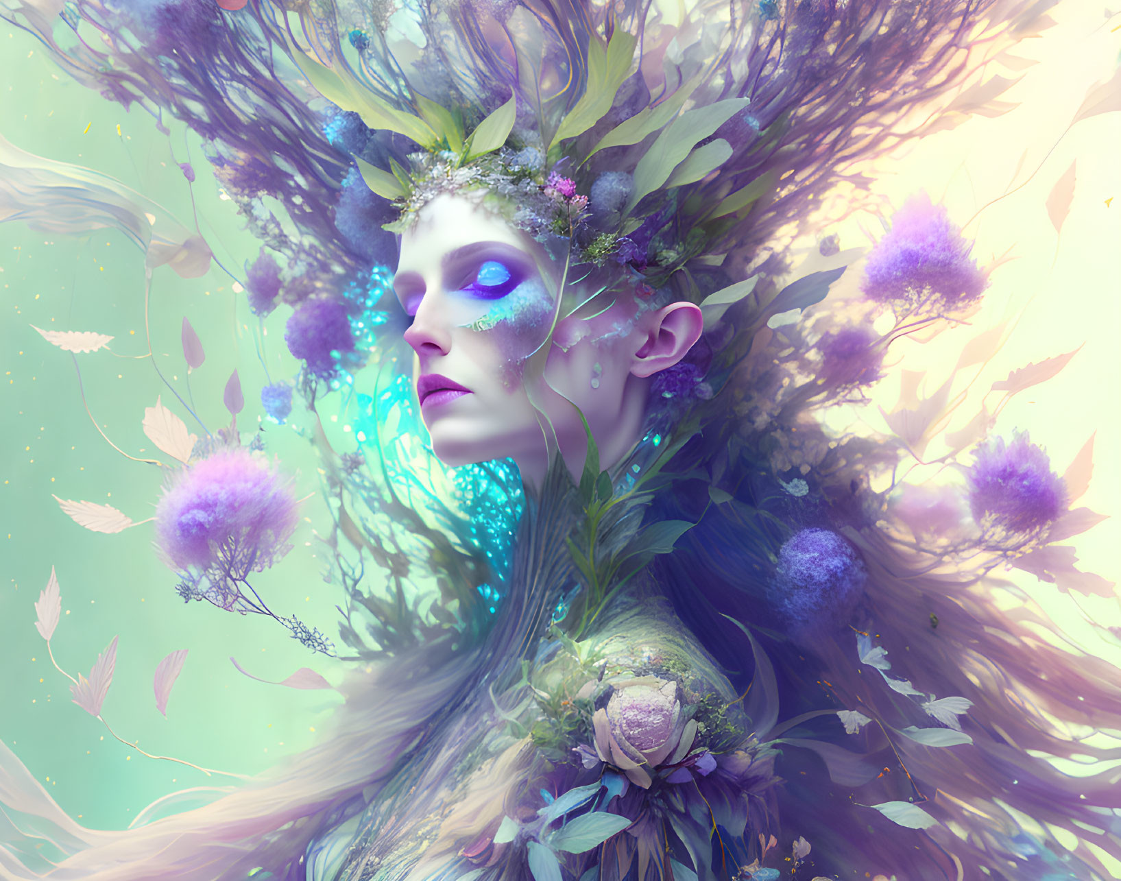Ethereal figure with crown of leaves and blue skin markings