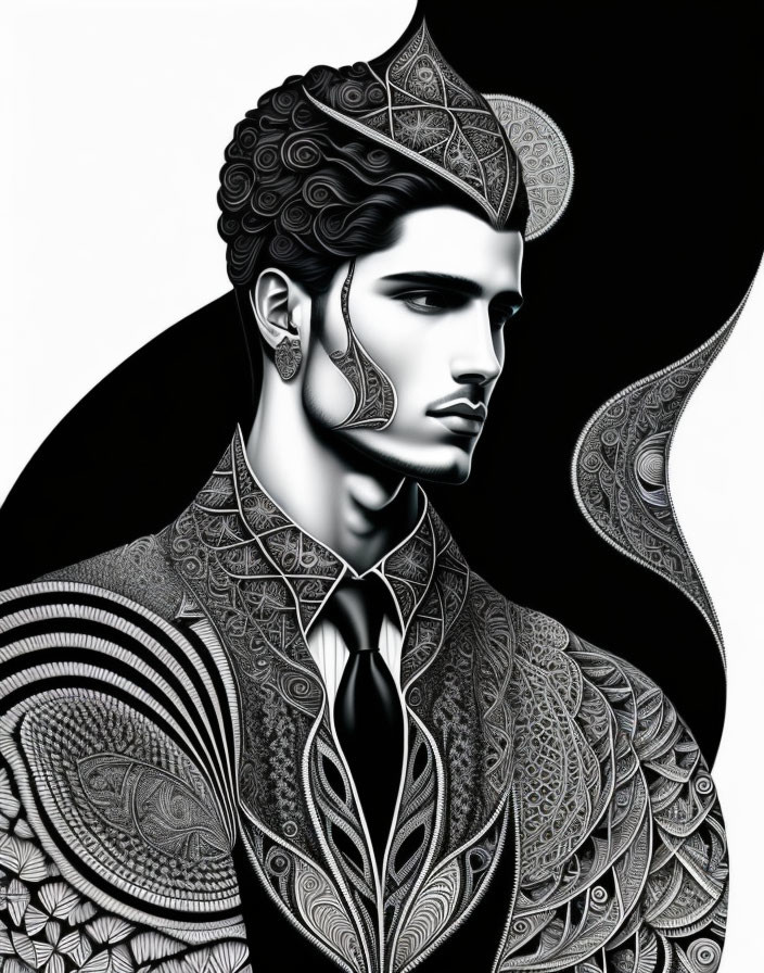 Monochromatic digital artwork of stylized man with intricate patterns and detailed shadows.