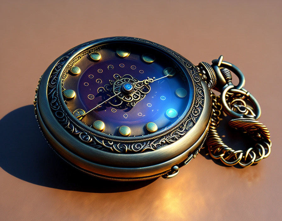 Gold Pocket Watch with Blue Face and Exposed Gears on Amber Background