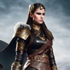 Brown-Haired Female Warrior in Golden Armor Against Stormy Sky