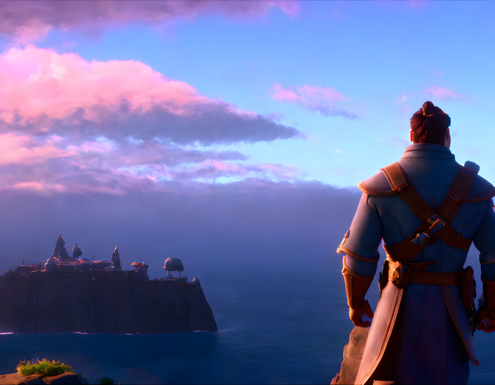 Character in Blue Outfit Observing Castle on Clifftop at Sunset