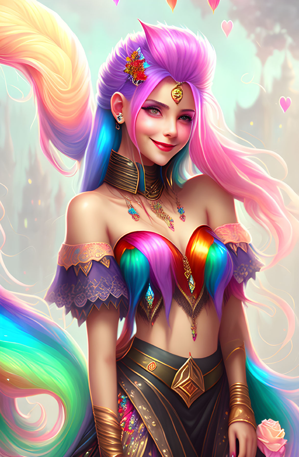 Colorful Fantasy Character with Purple Hair and Floral Adornments