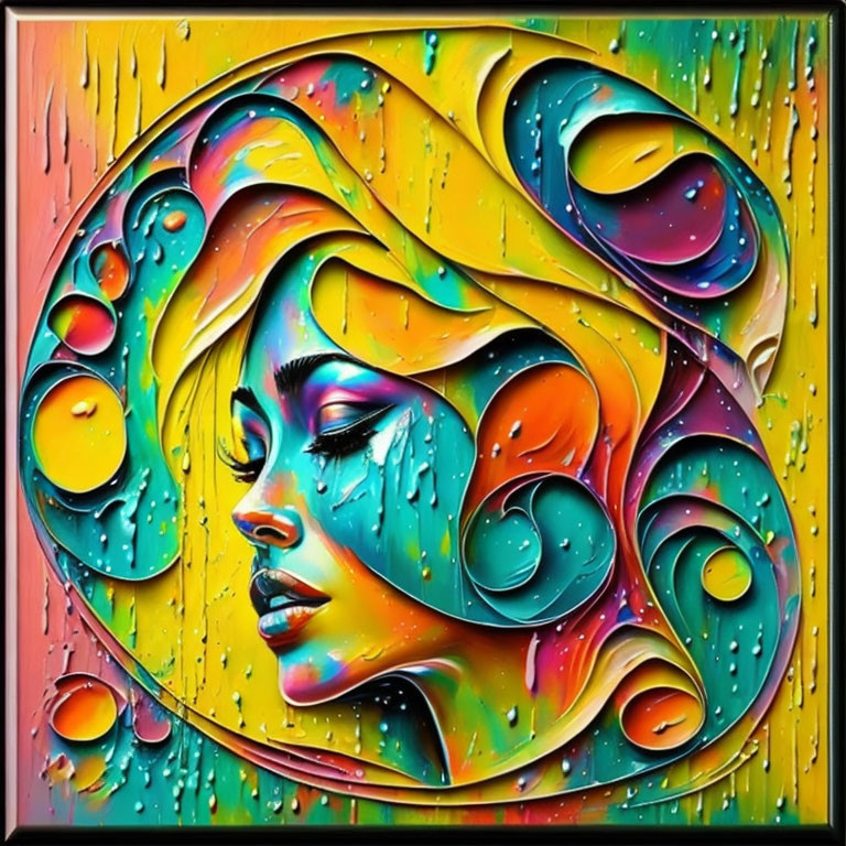 Vibrant abstract portrait of a woman with swirling patterns and raindrop textures