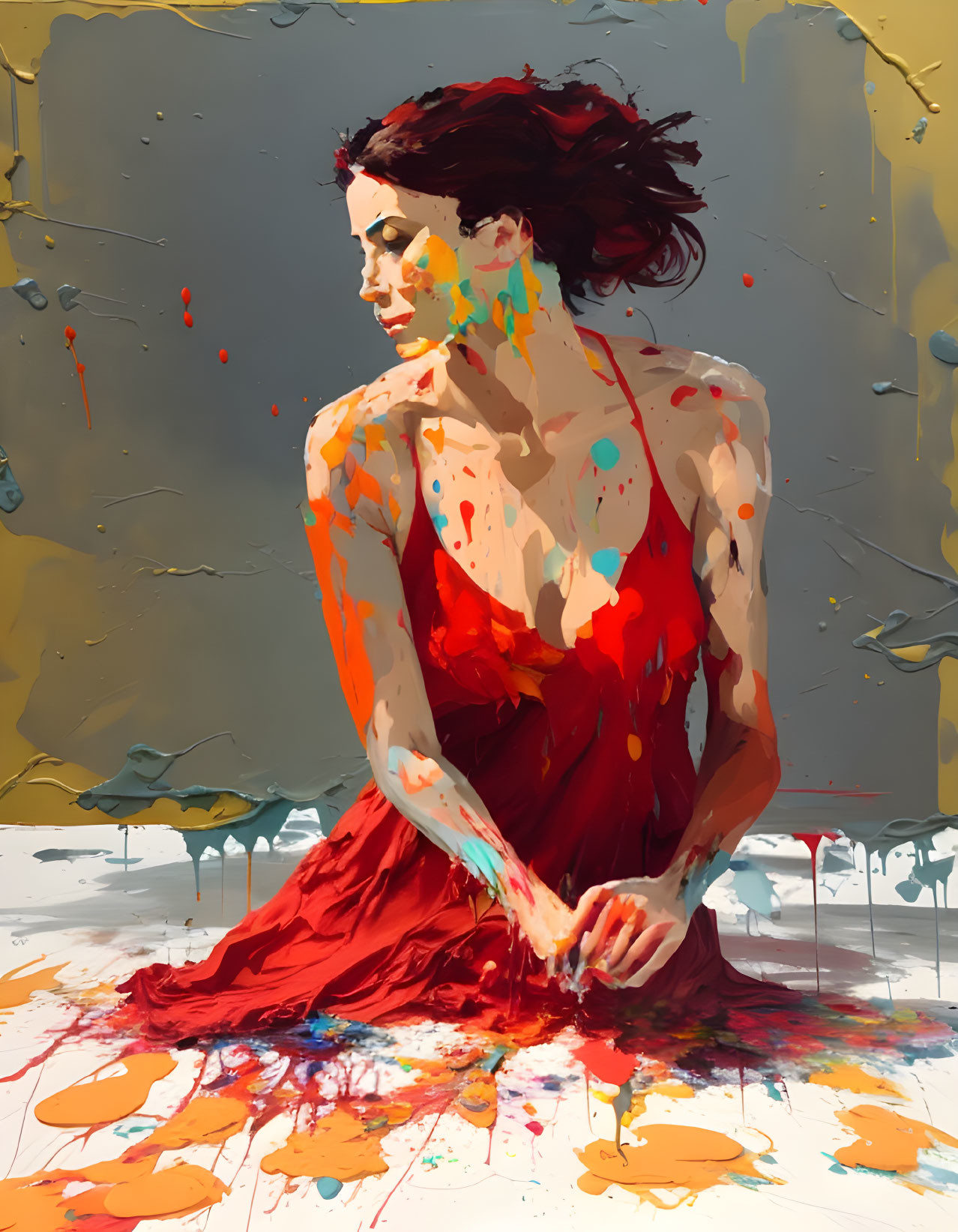 Colorful painting of woman in red dress with splashes of paint, conveying movement and emotion