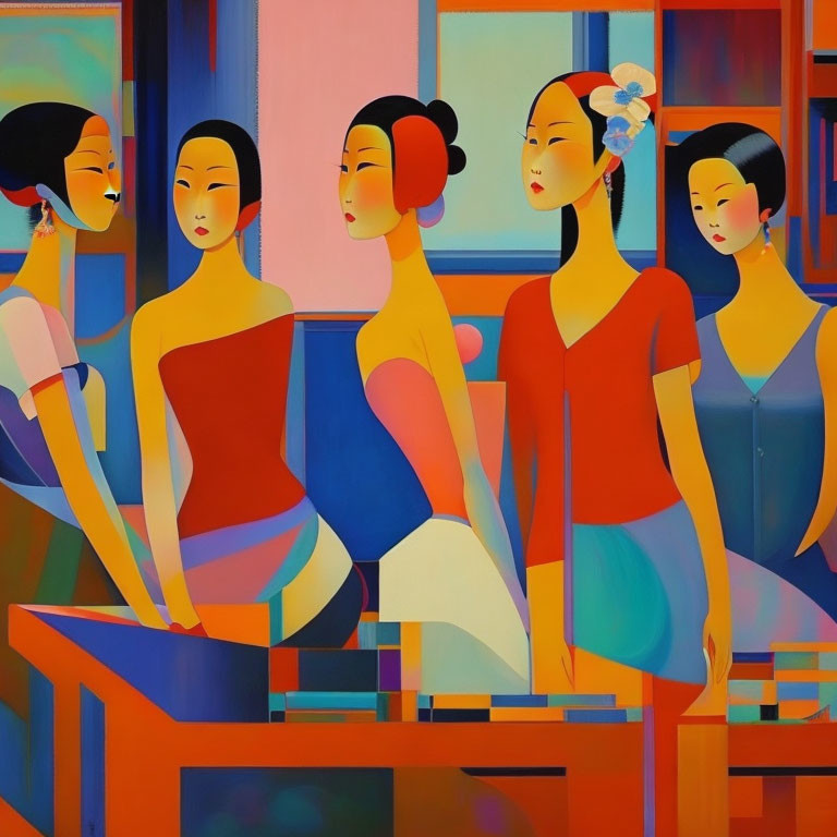 Vibrant portrait of five women in stylized poses with elongated features in a room with vivid