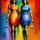 Vibrantly Painted Women in Colorful Dresses Walking Confidently
