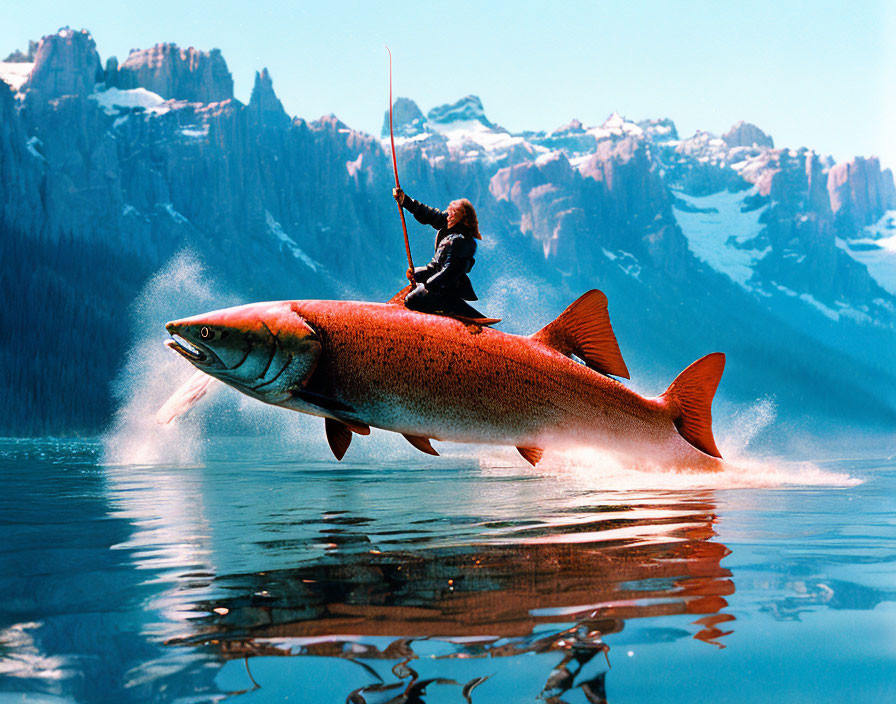 Medieval figure rides giant salmon over serene lake and snowy mountains