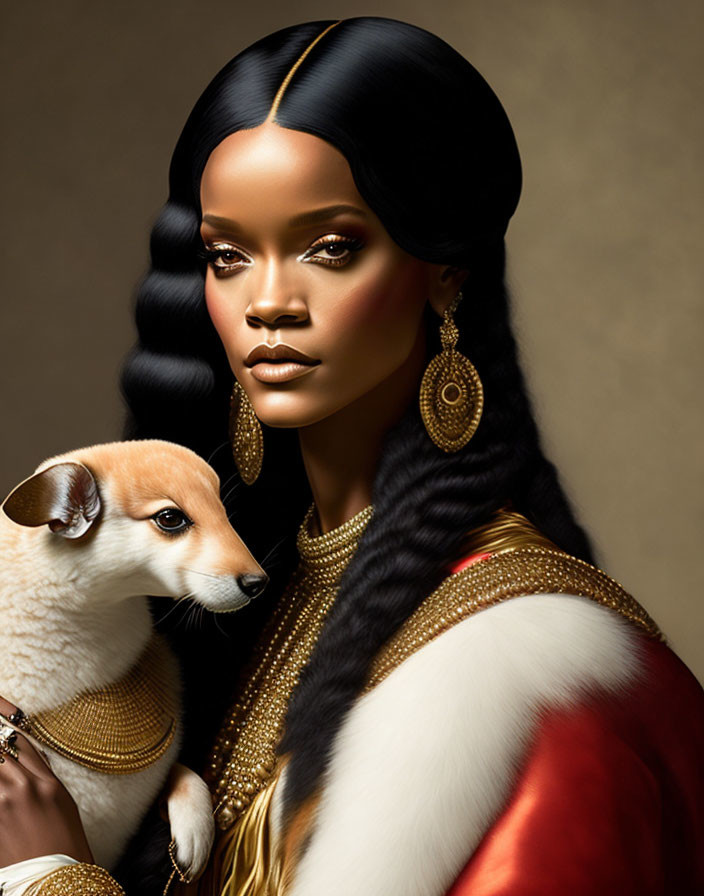 Regal woman with striking makeup and gold jewelry holding a small dog