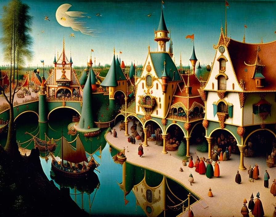 Medieval town with colorful spired buildings near river under crescent moon
