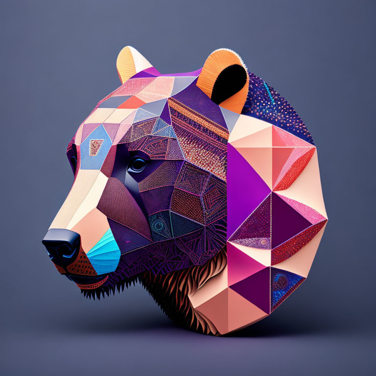 Colorful Geometric Bear Head with Intricate Patterns on Solid Background