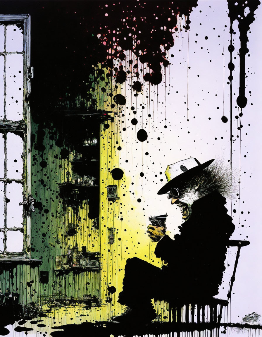 Silhouette of seated person reading with vibrant paint drips in background