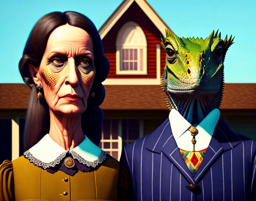 Surreal adaptation of classic painting with woman and lizard-headed figure in suit