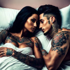 Tattooed couple gazing romantically on bed