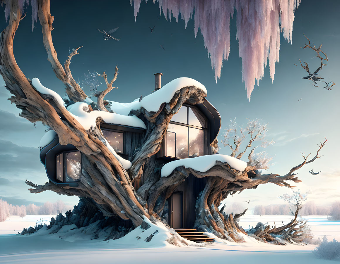 Modern house in ancient tree with snowy landscape and icicles at twilight