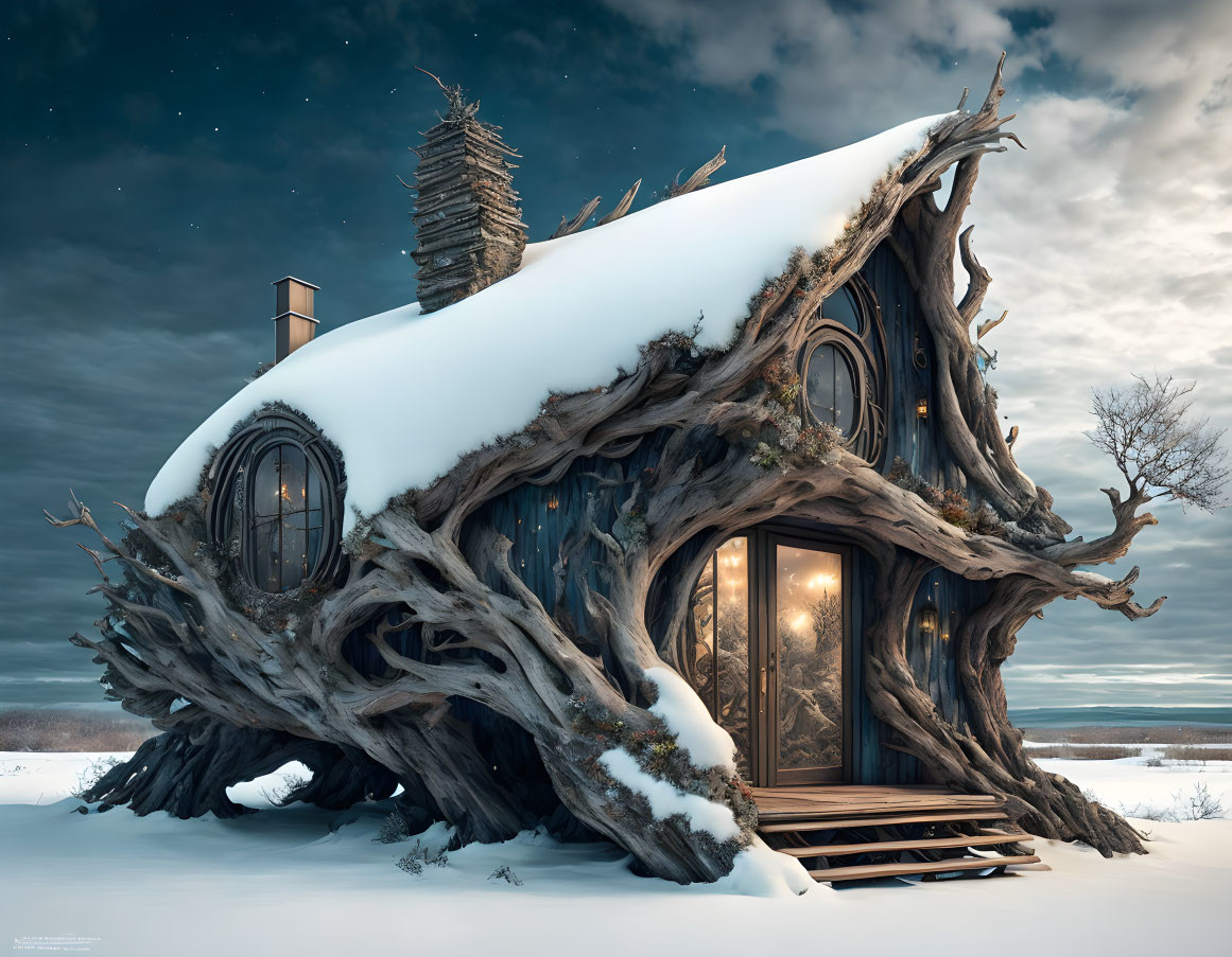 Snow-covered whimsical house with round windows and tree-like design at twilight