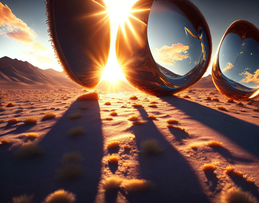 Surreal desert landscape with reflective spheres and setting sun