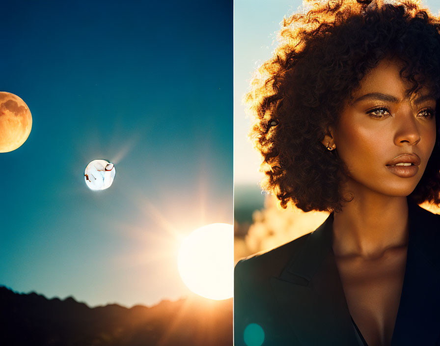 Split Image: Serene Sunset & Elegant Woman with Curly Hair