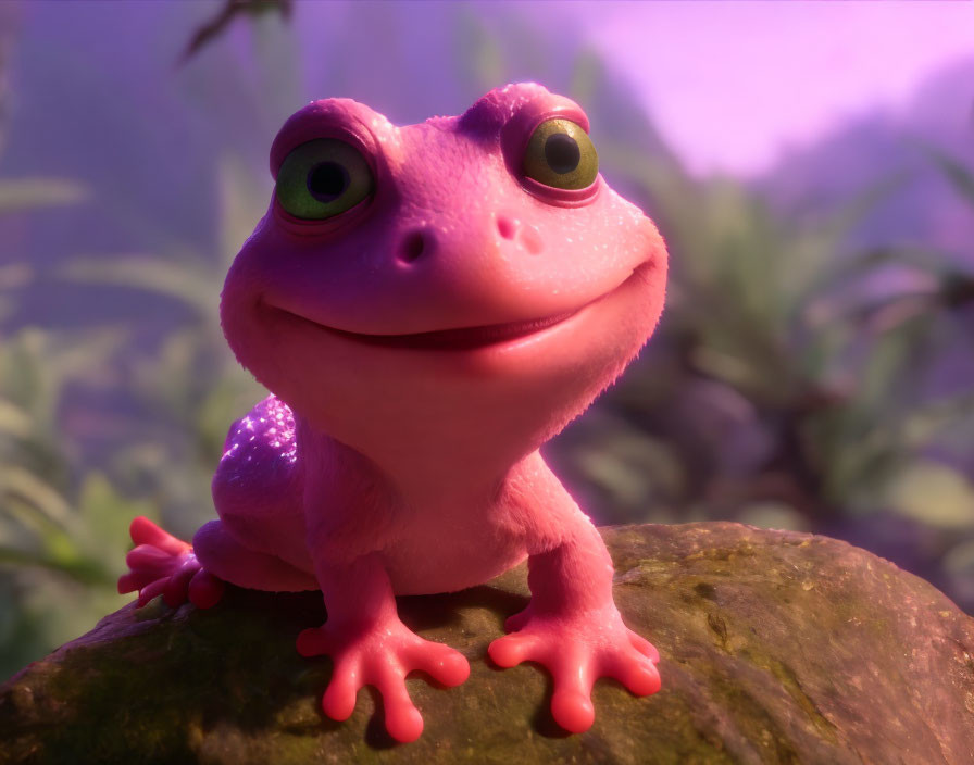 Smiling purple animated frog in foggy forest