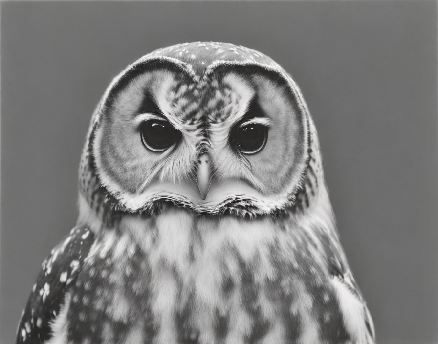 Monochrome close-up of owl with intense eyes and speckled plumage