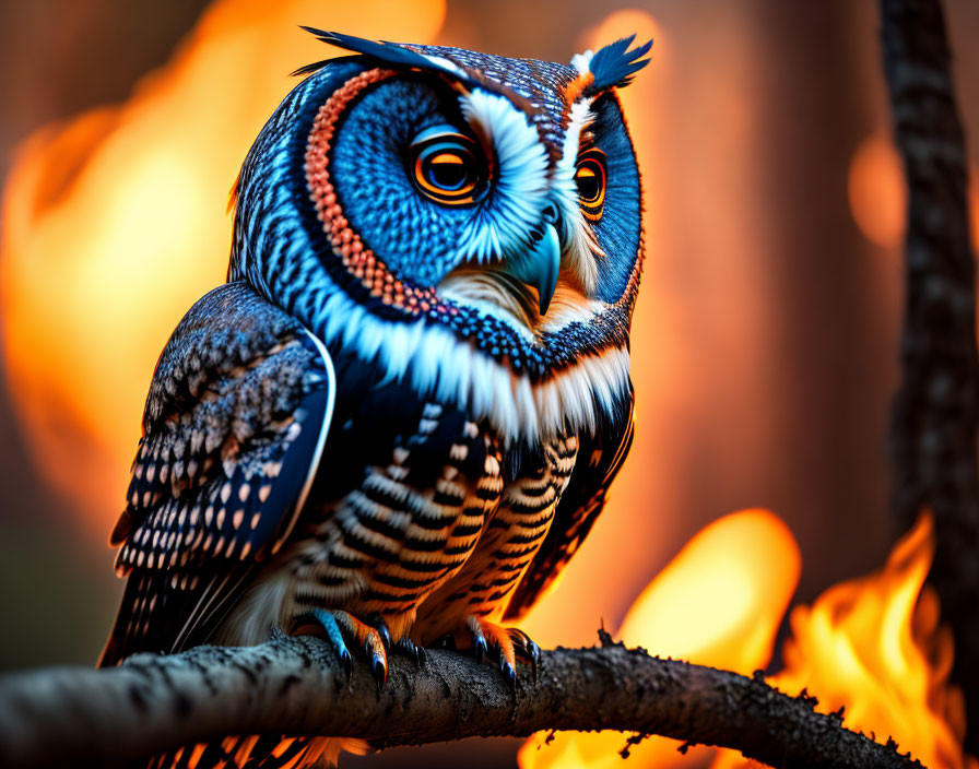 Intense owl perched on branch against fiery backdrop