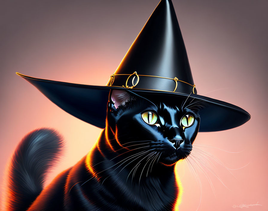 Detailed Black Cat Illustration with Yellow Eyes and Witch's Hat