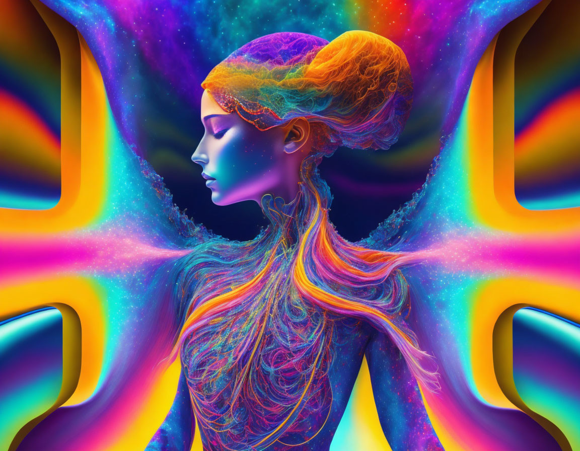 Colorful digital artwork: Woman with flowing hair on psychedelic rainbow background