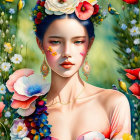 Illustration of woman in East Asian makeup with floral hair accessories against crescent moon backdrop