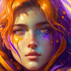 Vibrant orange and purple hair digital portrait with colorful splashes