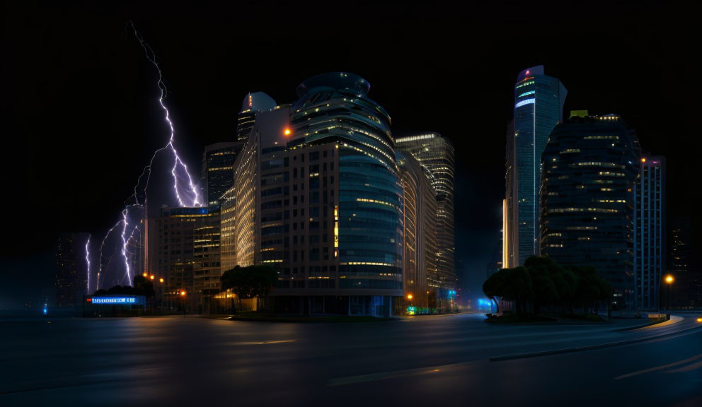 Nighttime cityscape with illuminated skyscrapers and lightning strikes