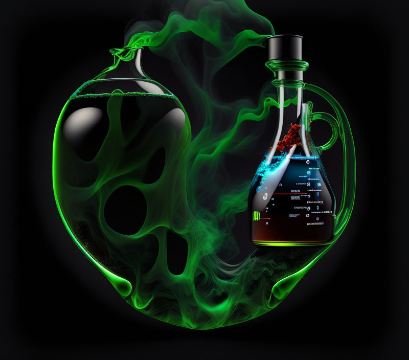 Colorful bubbling liquid in round flask with green vapors on black background.