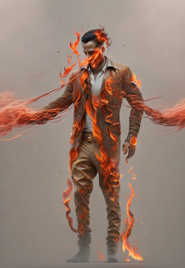 Illustration of powerful man with fiery energy and trench coat
