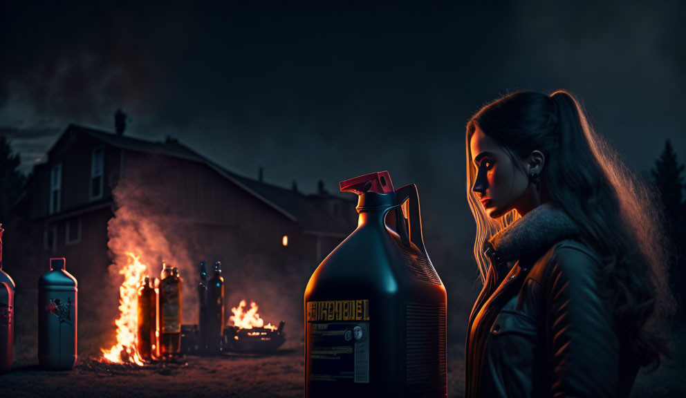 Woman holding canister with burning house under night sky