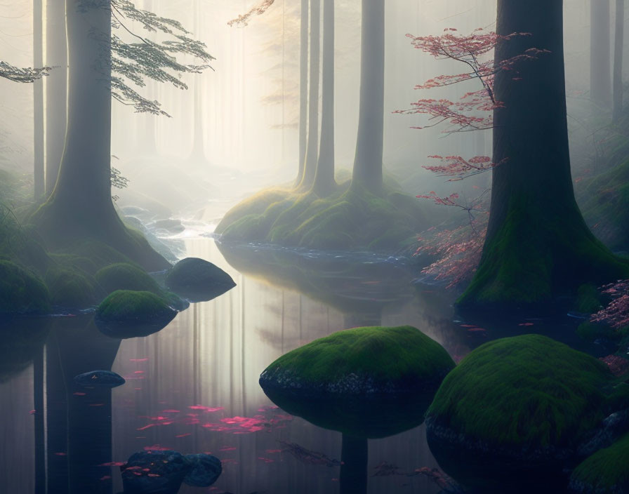 Sunlit Misty Forest with Stream and Moss-Covered Rocks