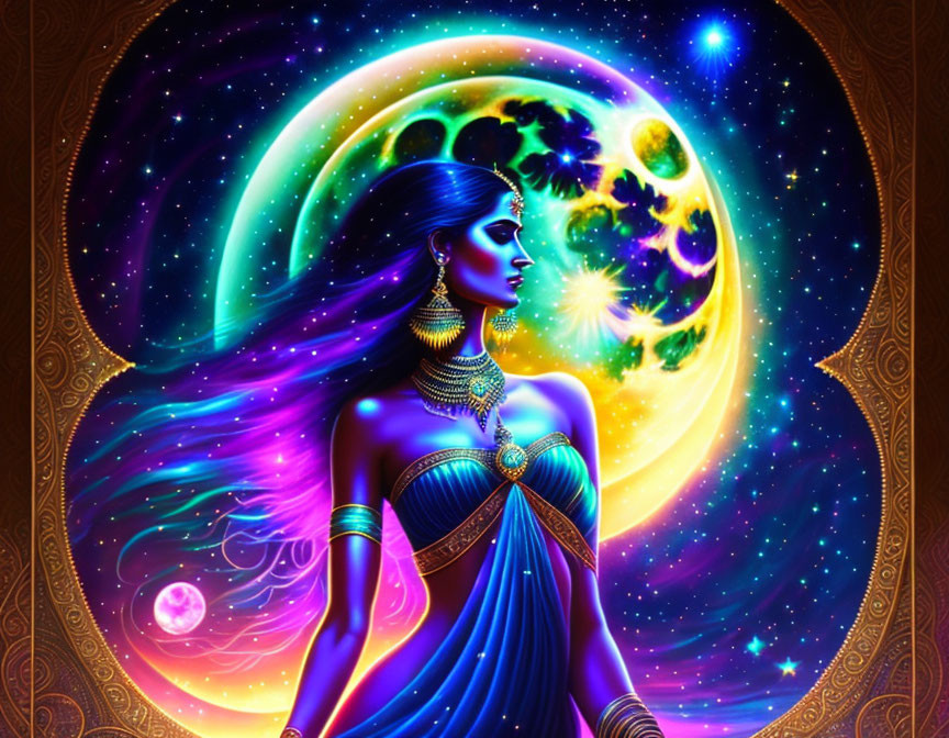Celestial-themed illustration of a woman with moon and stars on vibrant cosmic backdrop