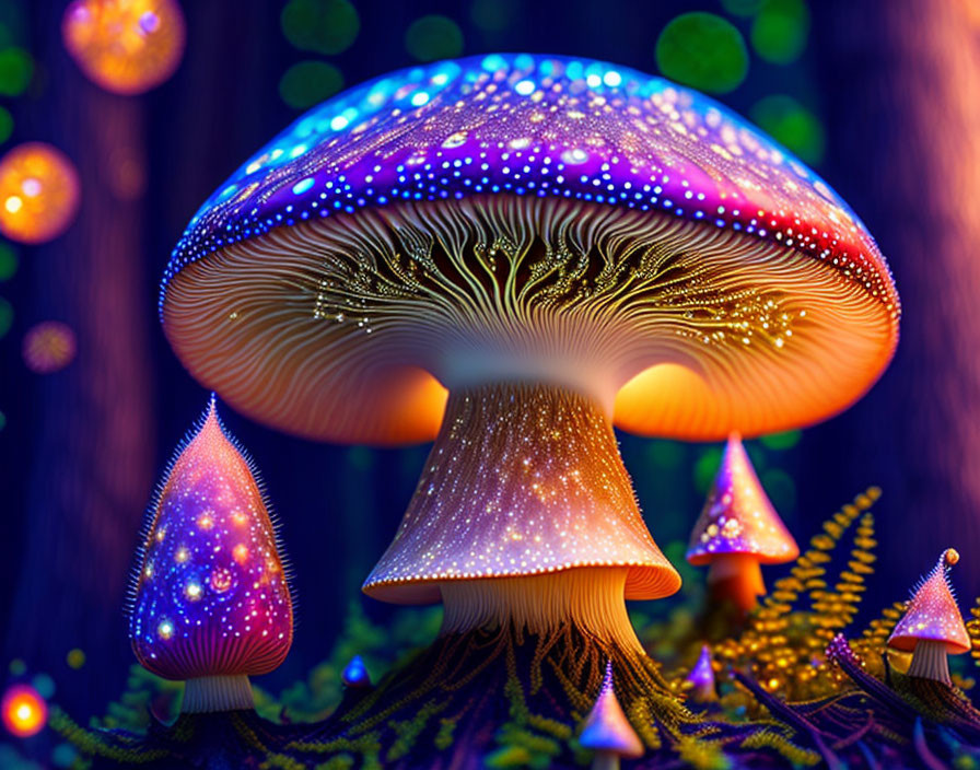 Fantastical Glowing Mushroom Digital Art with Colorful Background