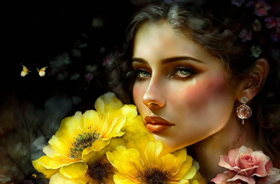 Digital Painting: Woman with Green Eyes, Yellow Flowers, Pink Blossoms, and Butterflies on Dark